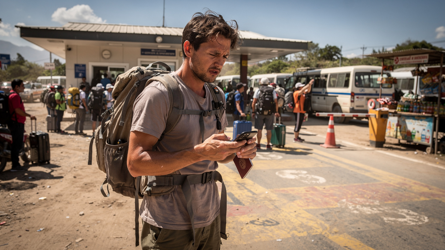 A digital nomad standing at a busy land border crossing, looking at their phone and passport, illustrating the challenges of international travel.