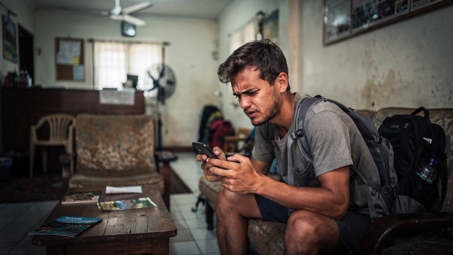 A frustrated digital nomad in a dimly lit hostel common room, squinting at their phone with a slow internet connection.