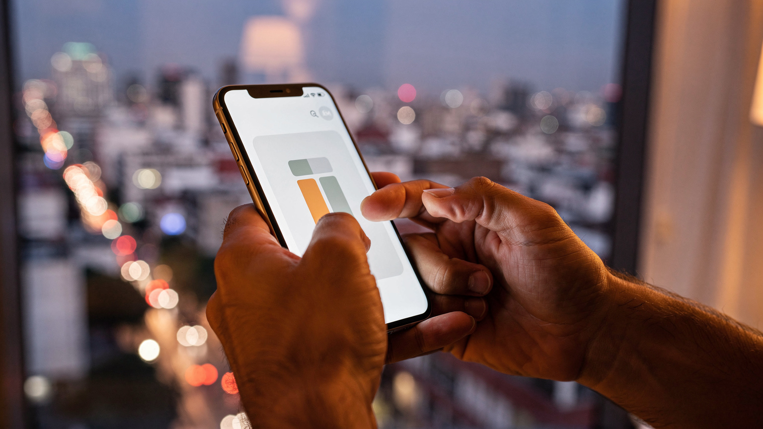 A close-up shot of hands interacting with a smartphone displaying an eSIM installation prompt, with blurred Mexico City lights in the background, focusing on the human-device connection.