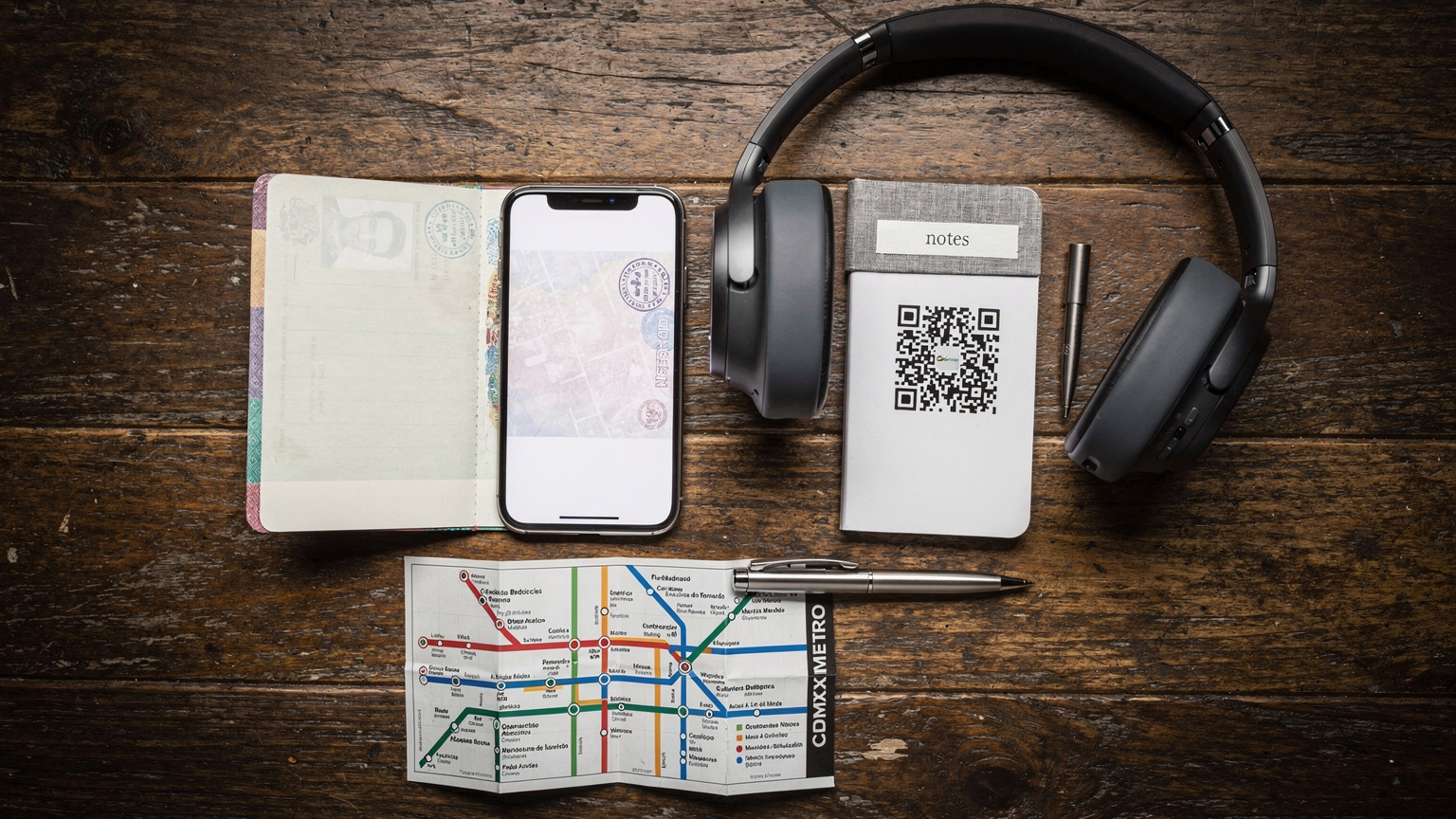 An overhead flat-lay shot of travel essentials, including a passport, a smartphone with an eSIM QR code partially visible on the screen, noise-canceling headphones, and a Mexico City subway map snippet, all arranged on a stylish wooden table.