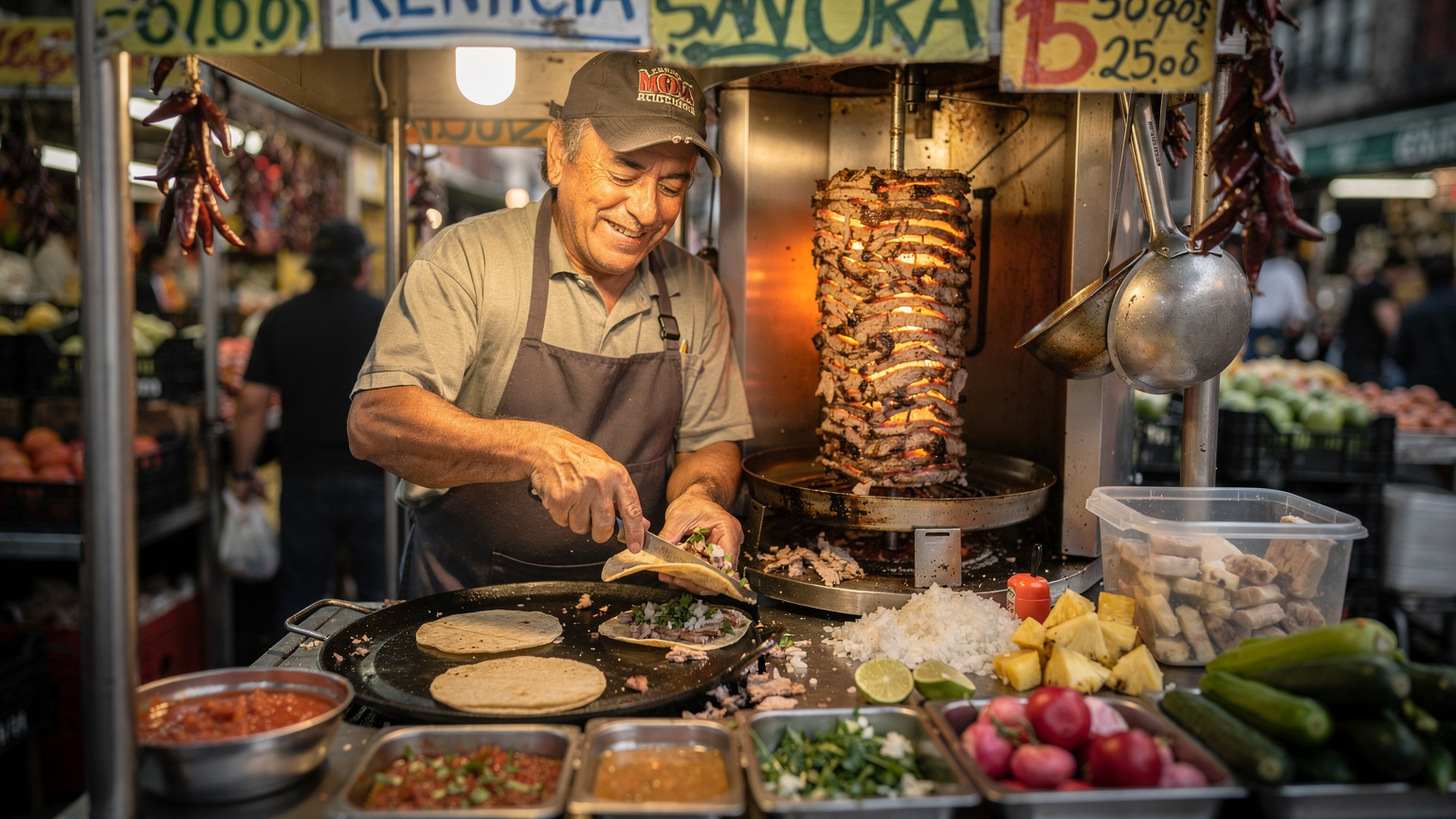 A street food vendor in Mexico City's Mercado de San Juan preparing tacos, with the vibrant colors and energy of a local market, showing a culturally-specific moment.