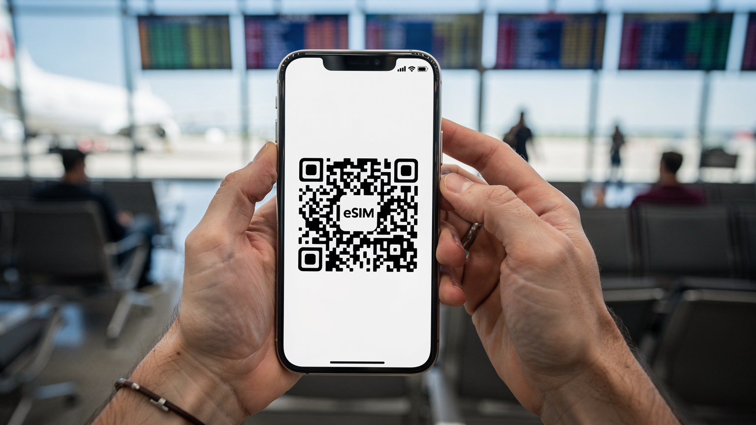 Eine Nahaufnahme zeigt zwei Hände, die ein Smartphone halten, auf dessen Bildschirm ein QR-Code für die eSIM-Installation angezeigt wird, während im Hintergrund verschwommen der Wartebereich eines Flughafens zu sehen ist.