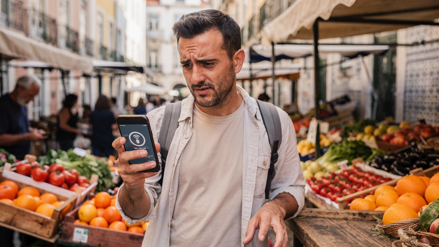 Un uomo nomade digitale ha un'espressione preoccupata mentre guarda il suo smartphone che mostra una notifica di dati esauriti, in un vivace mercato all'aperto a Campo de Ourique, Lisbona.