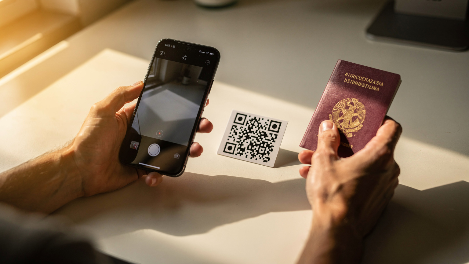 Primo piano sulle mani di una persona che tiene uno smartphone e un passaporto italiano, scansionando un codice QR per attivare una eSIM, con un raggio di luce che illumina la scena.