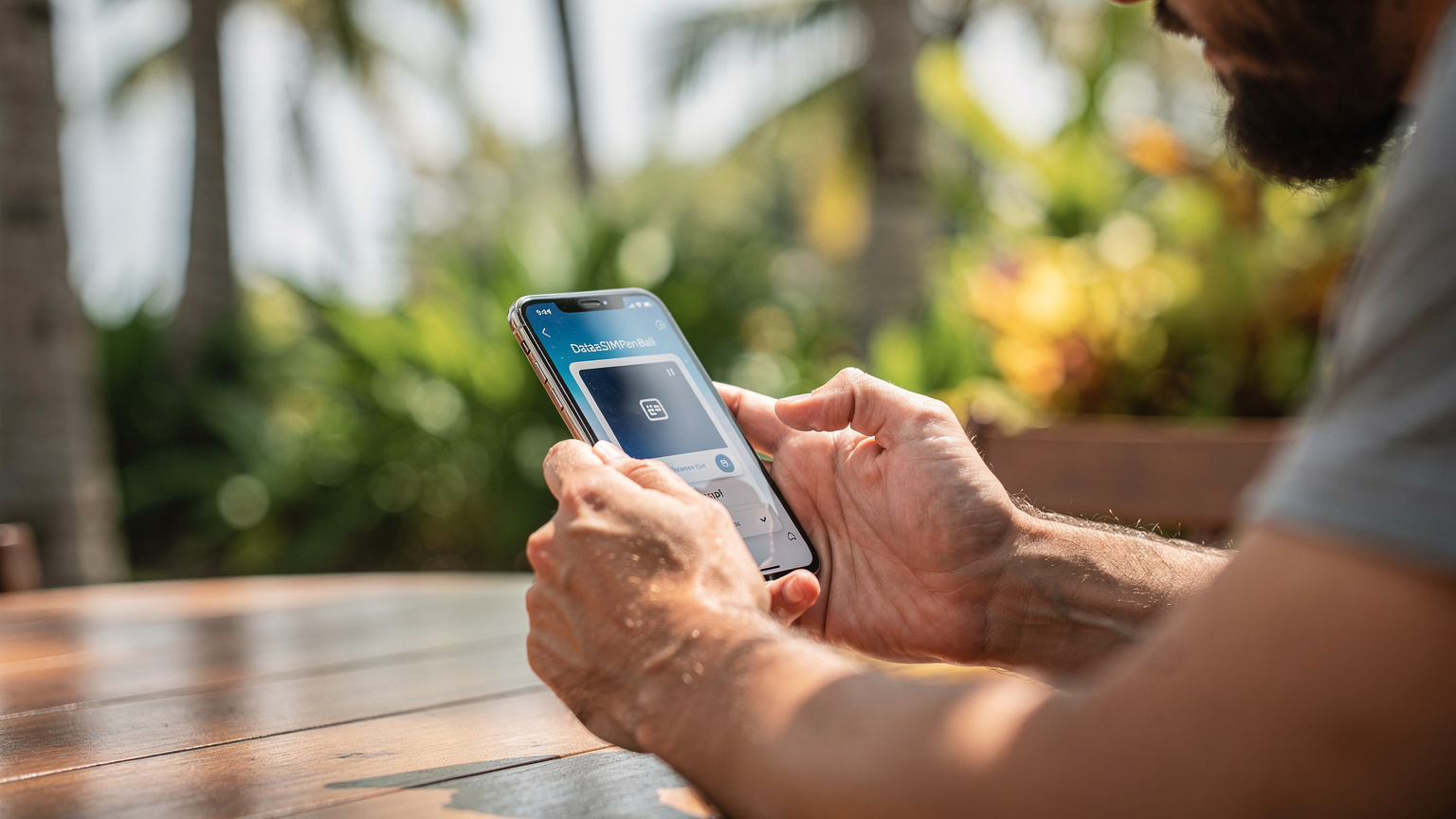 Bir dijital göçebenin elleri, telefonunda DataESIM uygulamasını açmış, Bali için eSIM planlarını incelerken görülüyor. Arka planda palmiye ağaçları seçiliyor.