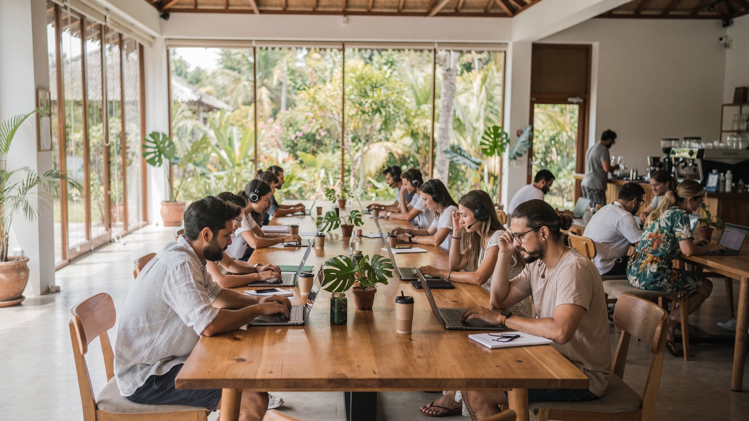 Canggu'daki bir ortak çalışma alanında, çeşitli uluslardan insanlar laptopları başında çalışıyor. Masaların üzerinde kahve fincanları ve tropikal bitkiler var. Ortam hareketli ama odaklanmış bir havaya sahip.