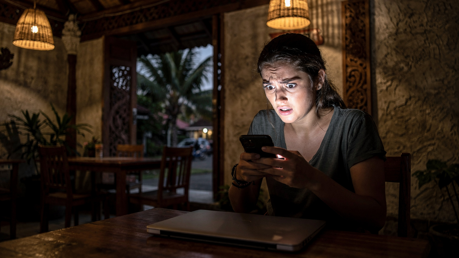 Bali'de aniden elektrikleri kesilen bir kafede, genç bir kadın panikle telefonuna bakıyor. Laptopu kapalı, çevresi karanlık. Yüzündeki ifade endişeli.