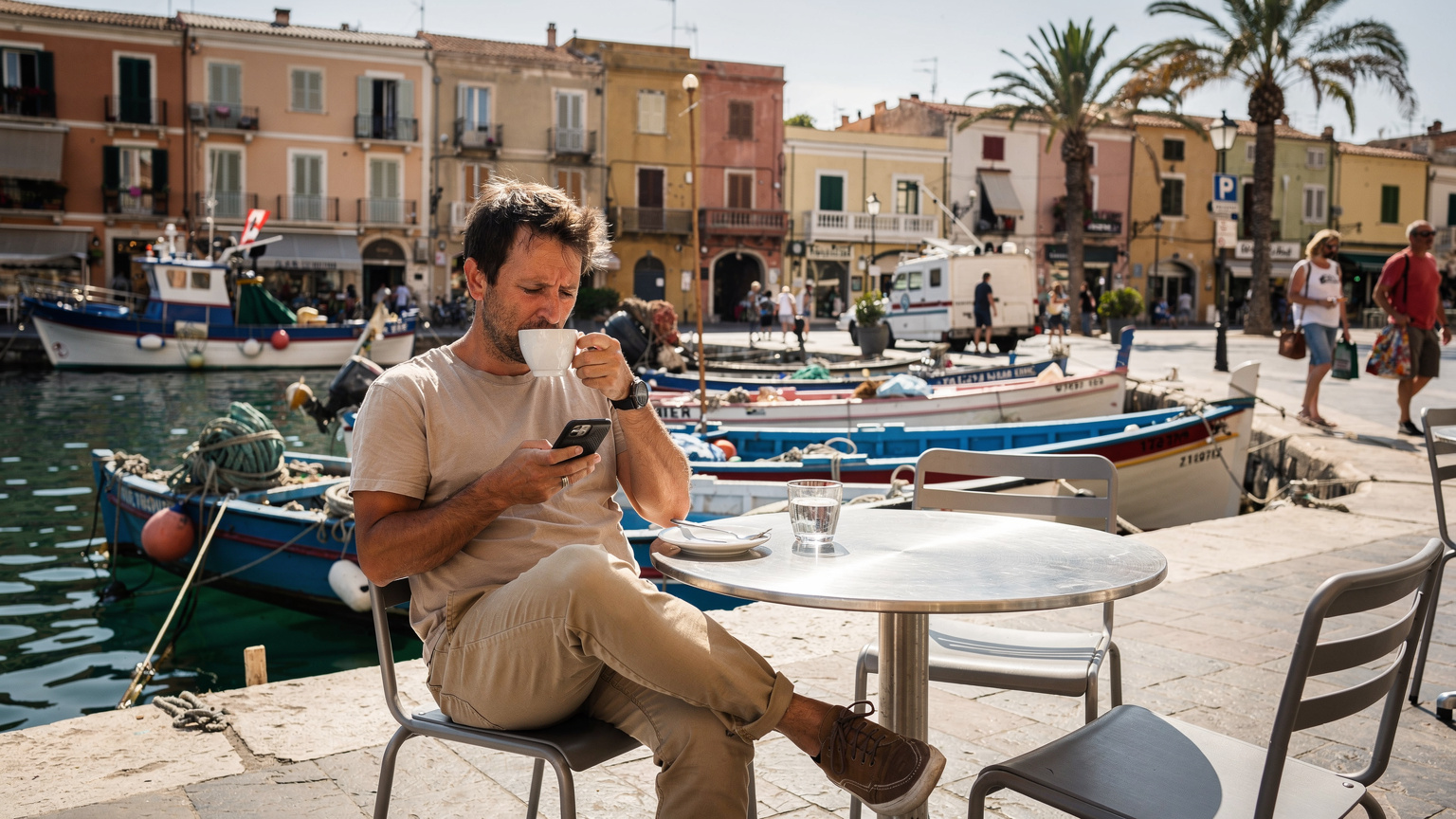 Ein Reisender sitzt entspannt in einem kleinen Café am Hafen, schaut auf sein Smartphone und genießt einen Kaffee. Die Szene ist lebhaft mit typischen Hafengeräuschen und lokalen Details.