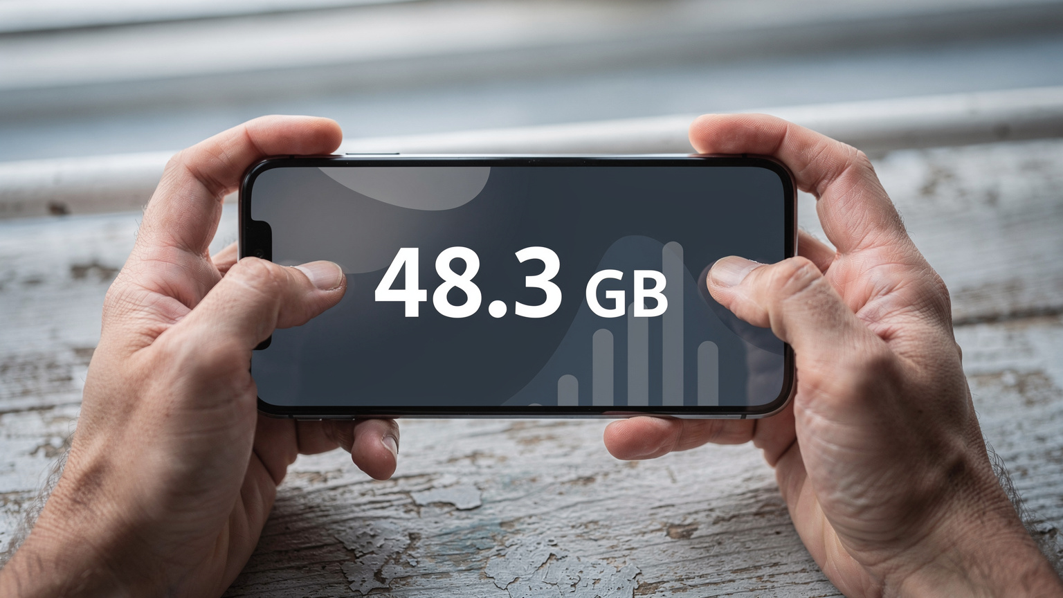 Eine Nahaufnahme zeigt Hände, die ein Smartphone halten, auf dem eine eSIM-App zur Datenüberwachung geöffnet ist, mit einem leichten Fokus auf die verbleibenden Gigabytes.