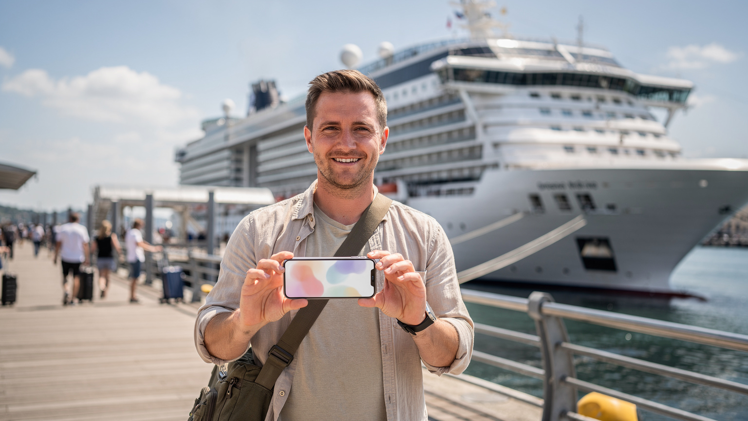 Ein Reisender hält sein Smartphone, auf dem die eSIM-Installationsseite geöffnet ist, während er am Hafen auf ein Kreuzfahrtschiff blickt.