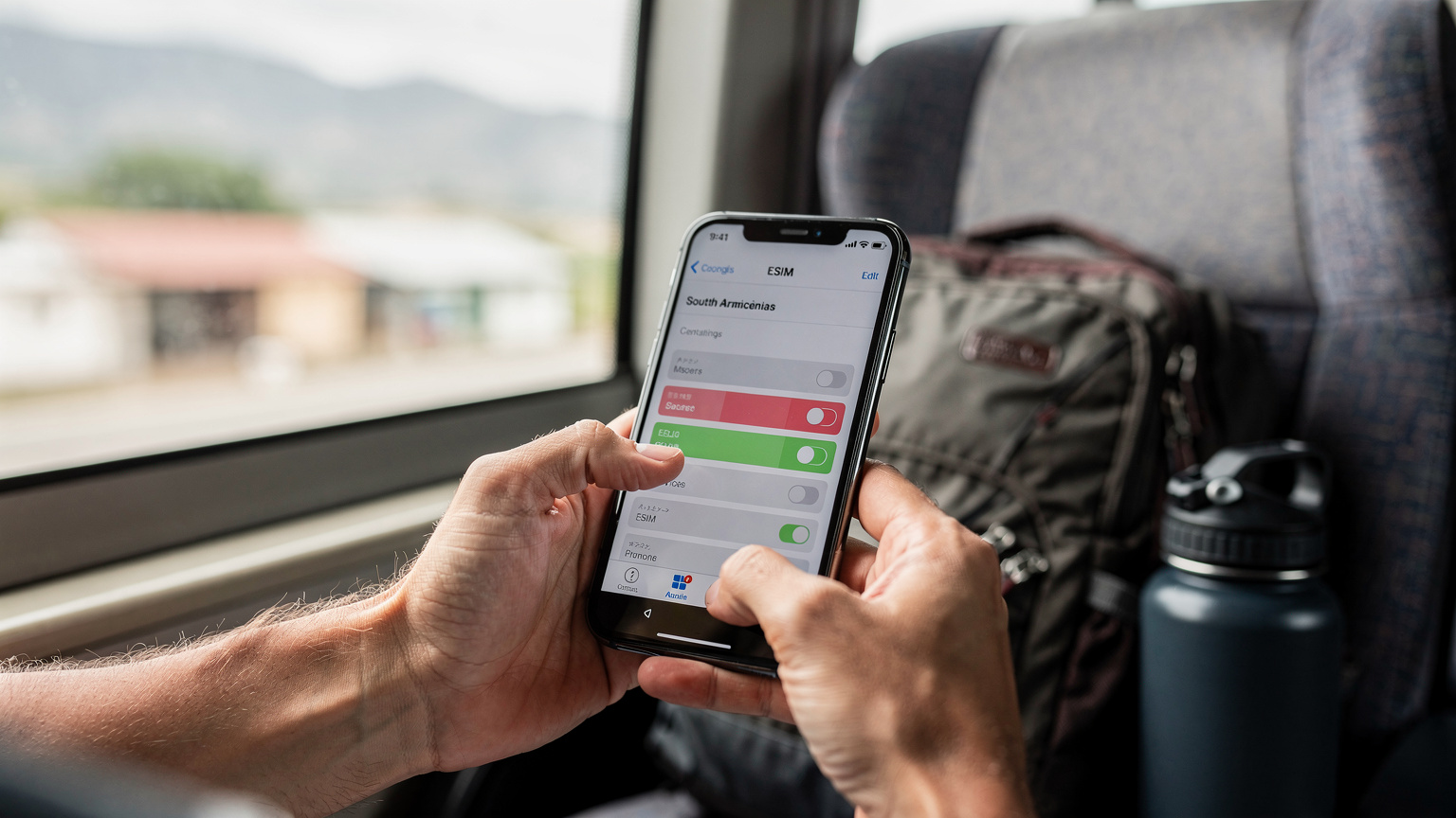 南米の長距離バスの車内で、窓の外の景色を眺めながら、スマートフォンでeSIMの設定画面をチェックしている日本人旅行者の手元。座席にはバックパックと水筒が置かれている。