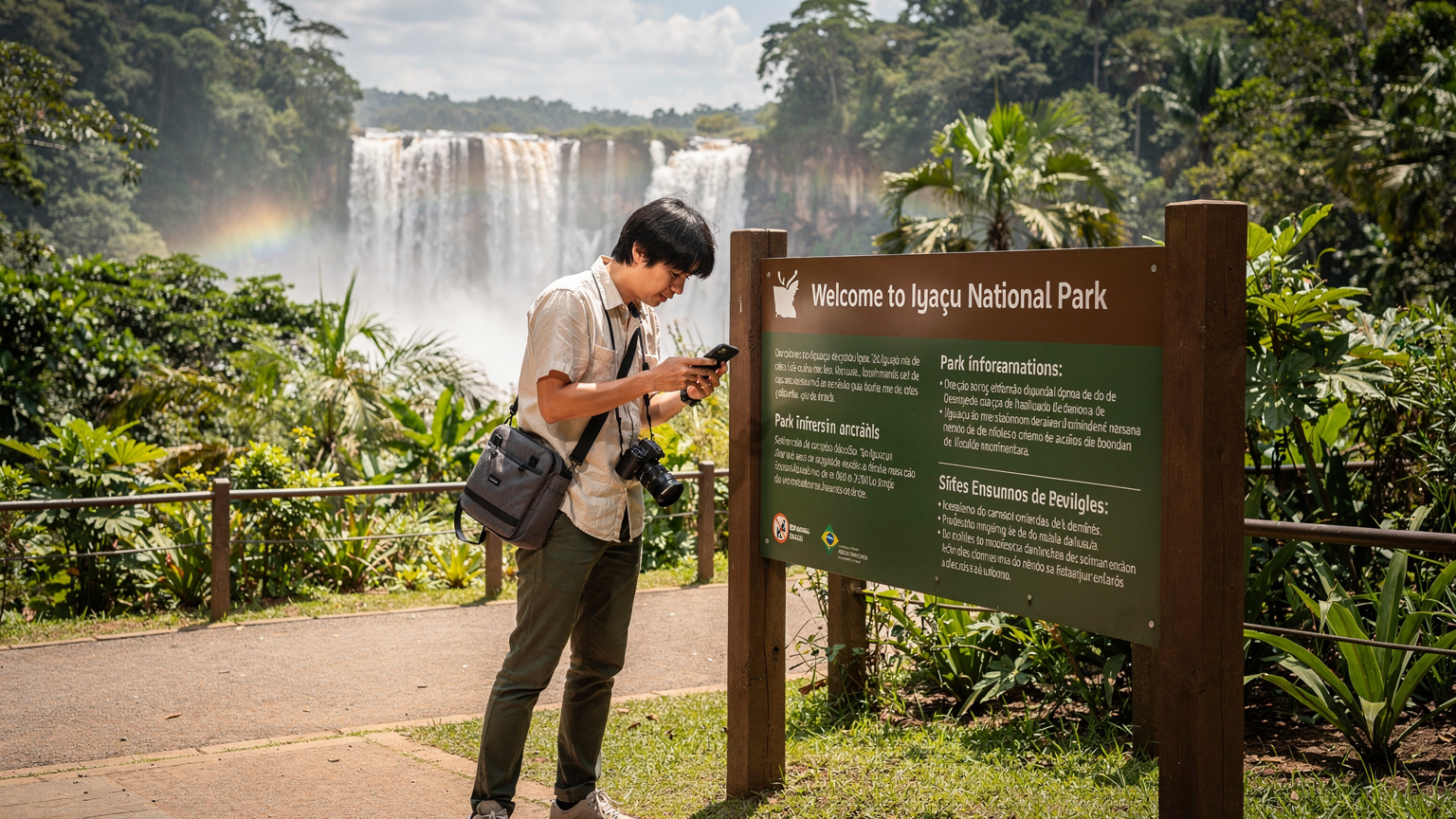 ブラジルのイグアス国立公園の入り口で、スマートフォンを片手に案内板を熱心に確認している日本人旅行者。公園の豊かな緑と滝の一部が背景に見える。