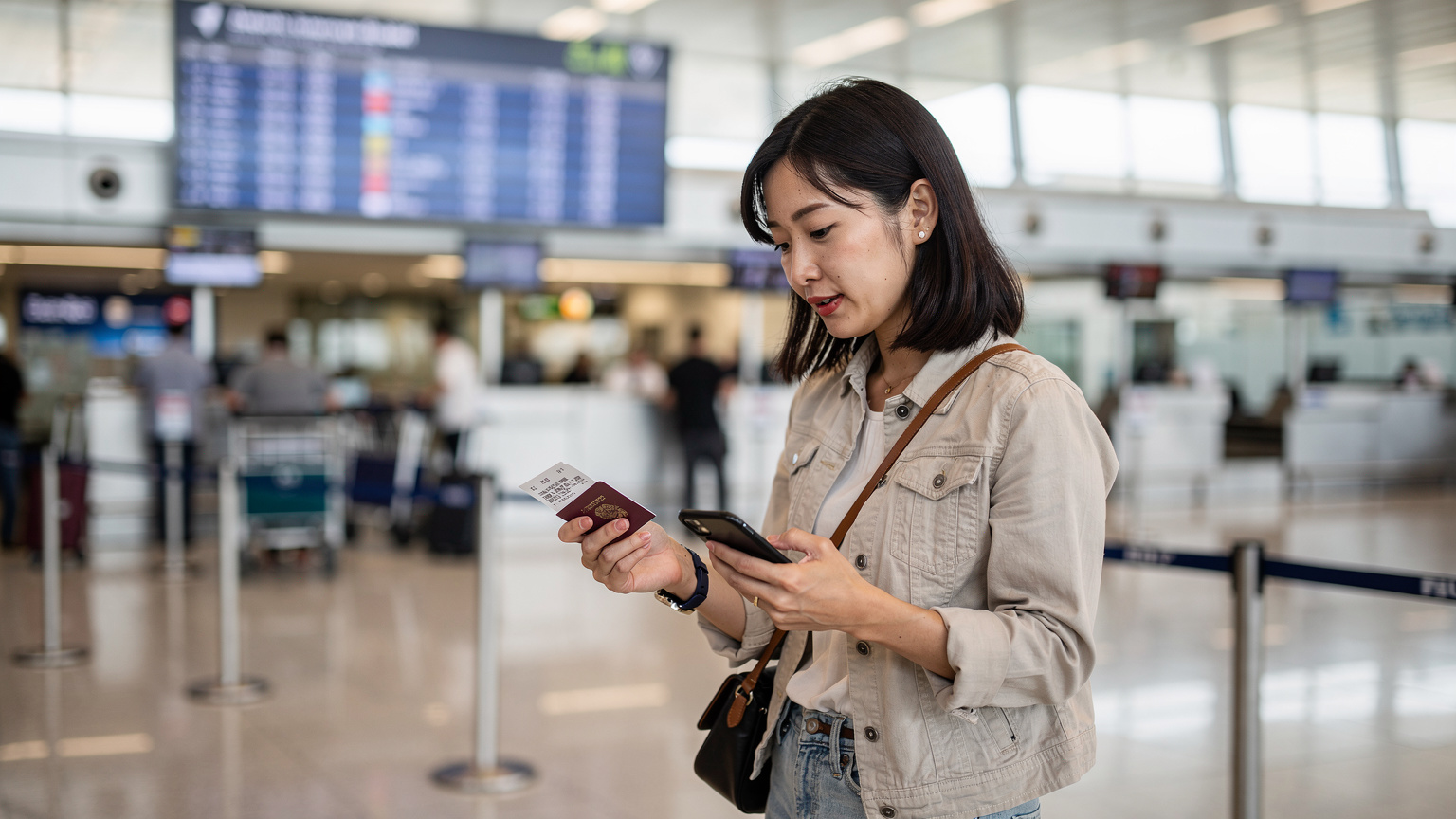 南米の空港のチェックインカウンターで、搭乗券とパスポート、そしてeSIMが設定されたスマートフォンを手にした日本人旅行者。背後には出発便の案内板が見える。