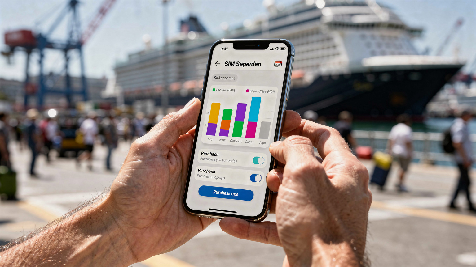 Un primo piano di mani che tengono uno smartphone, con un'app di gestione eSIM aperta che mostra l'utilizzo dei dati e le opzioni di ricarica. Sullo sfondo sfocato, un porto affollato con navi da crociera.