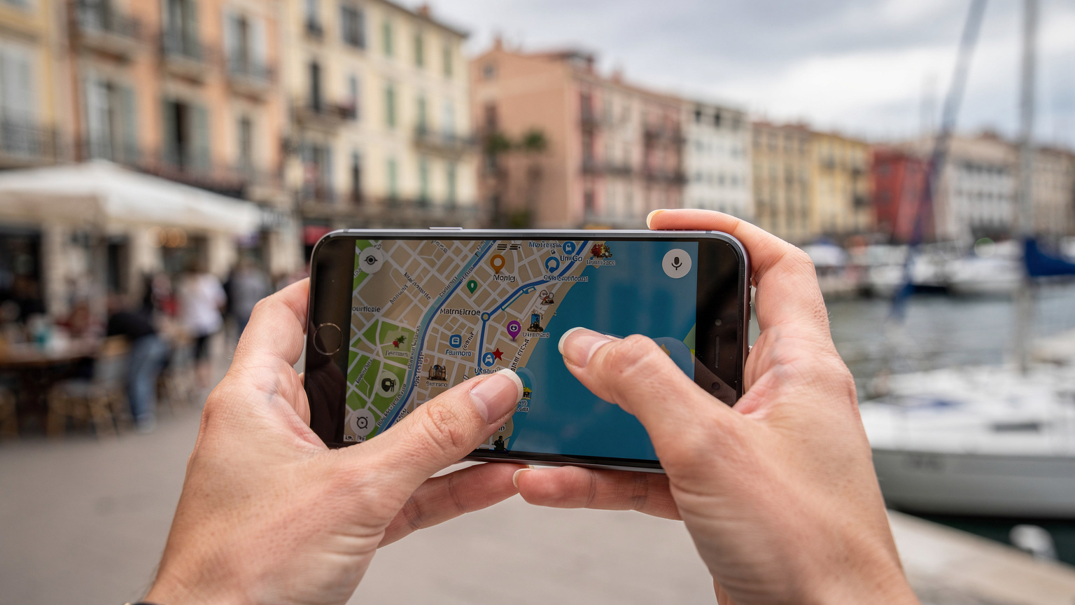 Una donna con mani curate e unghie smaltate tocca lo schermo di uno smartphone moderno, mostrando una mappa dettagliata di una città portuale europea, con icone per attrazioni turistiche o ristoranti. Sullo sfondo sfocato, si intravede l'architettura classica di Marsiglia o Barcellona e l'attività del porto.