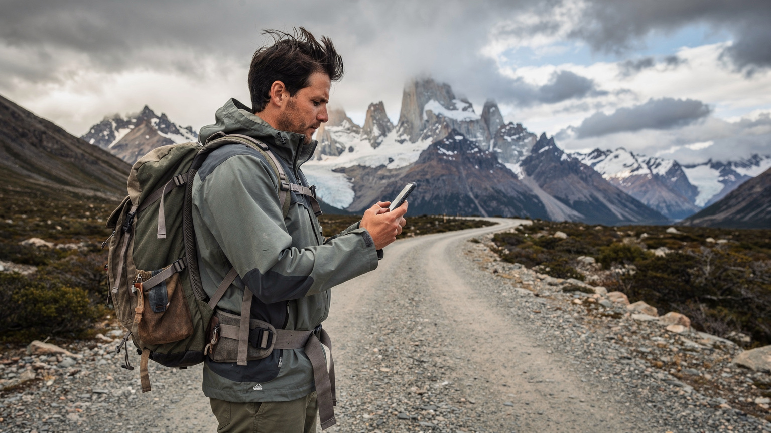 Patagonya'nın rüzgarlı bir dağ yolunda, elinde telefonla harita kontrol eden bir gezgin, uzaktaki dağ manzarasına karşı.