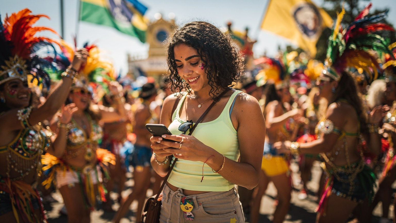 Rio Karnavalı'nın coşkulu kalabalığı arasında telefonundan yol tarifi kontrol eden genç bir gezgin.