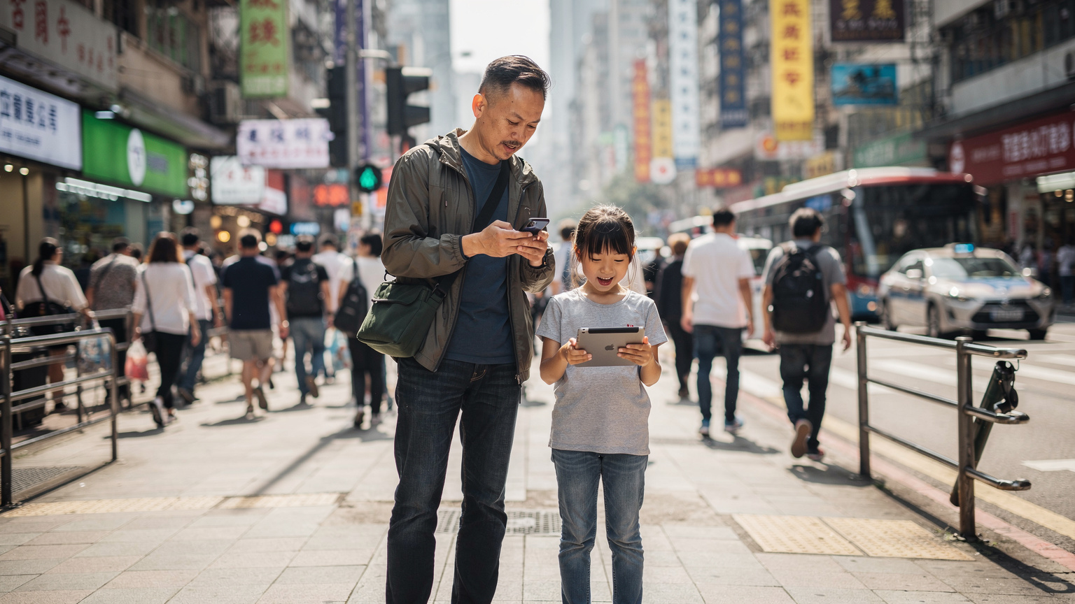 在香港街头, 一位父亲正在用手机开启热点, 他的孩子在旁边兴奋地看着平板电脑。