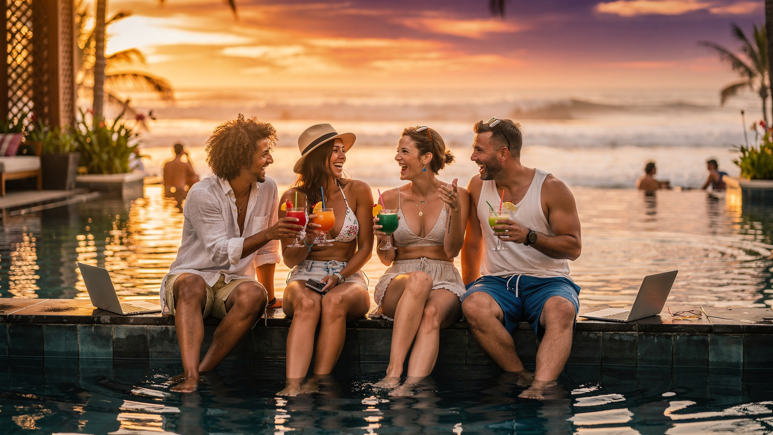 Un groupe d'amis nomades numériques se détendent au Potato Head Beach Club à Seminyak, Bali, les pieds dans l'eau, buvant des cocktails, avec le coucher de soleil flamboyant sur l'océan Indien en arrière-plan.