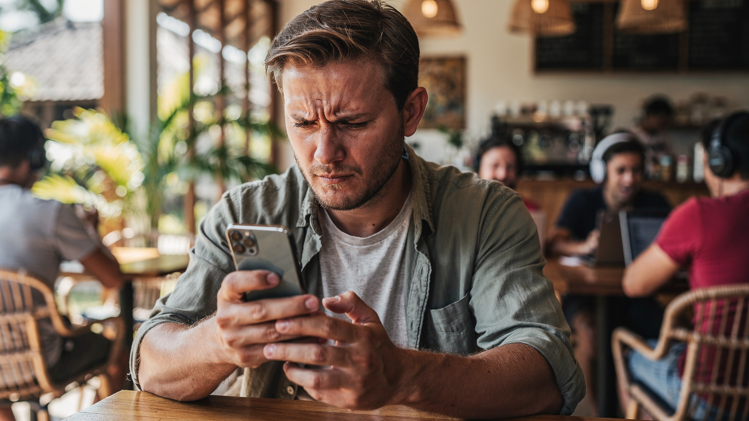 Un voyageur numérique à Bali, l'air frustré, tient son téléphone en main, le regard fixant un écran qui affiche un message d'erreur de connexion, le tout dans un décor de café bondé.