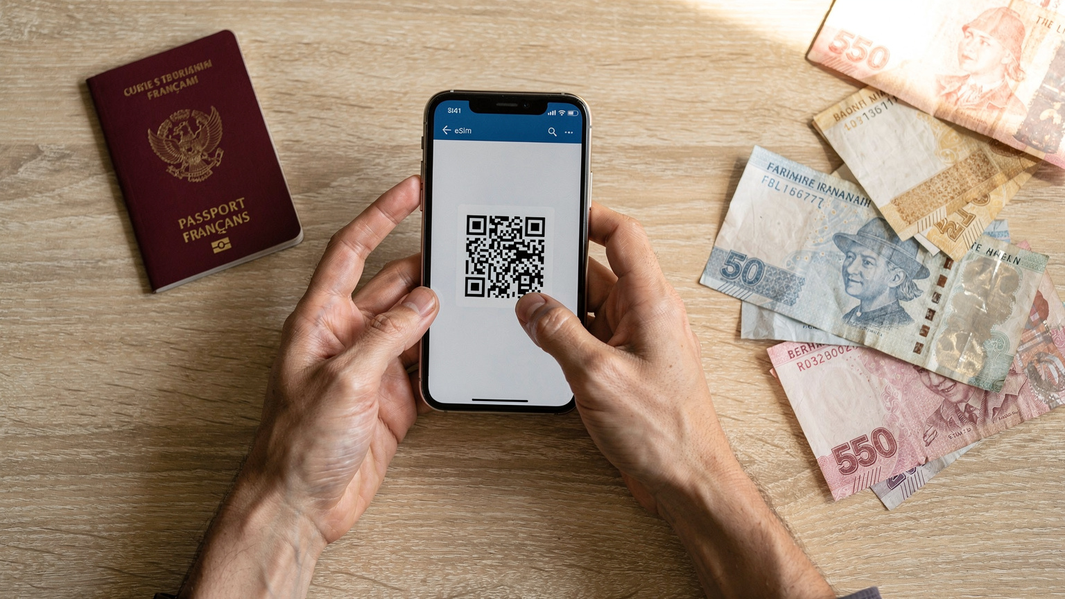 Gros plan sur des mains utilisant un smartphone pour scanner un QR code d'eSIM, avec un passeport et des devises indonésiennes posés sur une table en bois clair, suggérant la préparation d'un voyage à Bali.