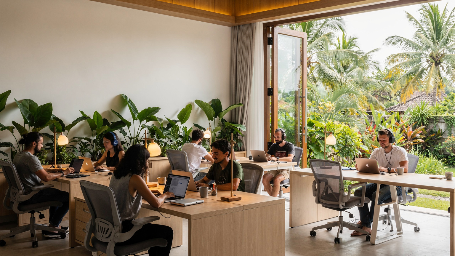 L'intérieur lumineux et moderne du co-working Space 'Outpost Canggu', avec des nomades numériques travaillant sur leurs ordinateurs portables, des plantes vertes et de grandes fenêtres ouvertes sur l'extérieur luxuriant de Bali.