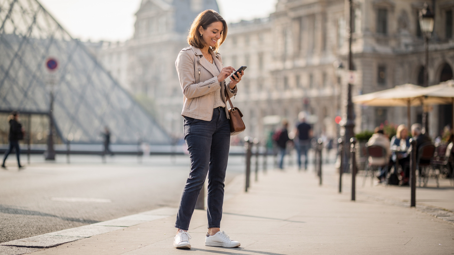 A woman confidently checks her phone with a navigation app open, standing on a bustling Parisian street with the Louvre Museum in the background, enjoying seamless connectivity.