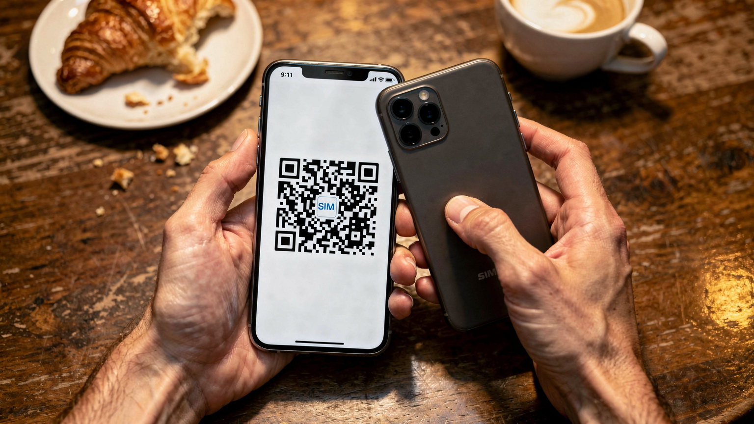A close-up of human hands holding a smartphone displaying a QR code, with another phone actively scanning it, set in a cozy Parisian cafe with a croissant and coffee on the table.