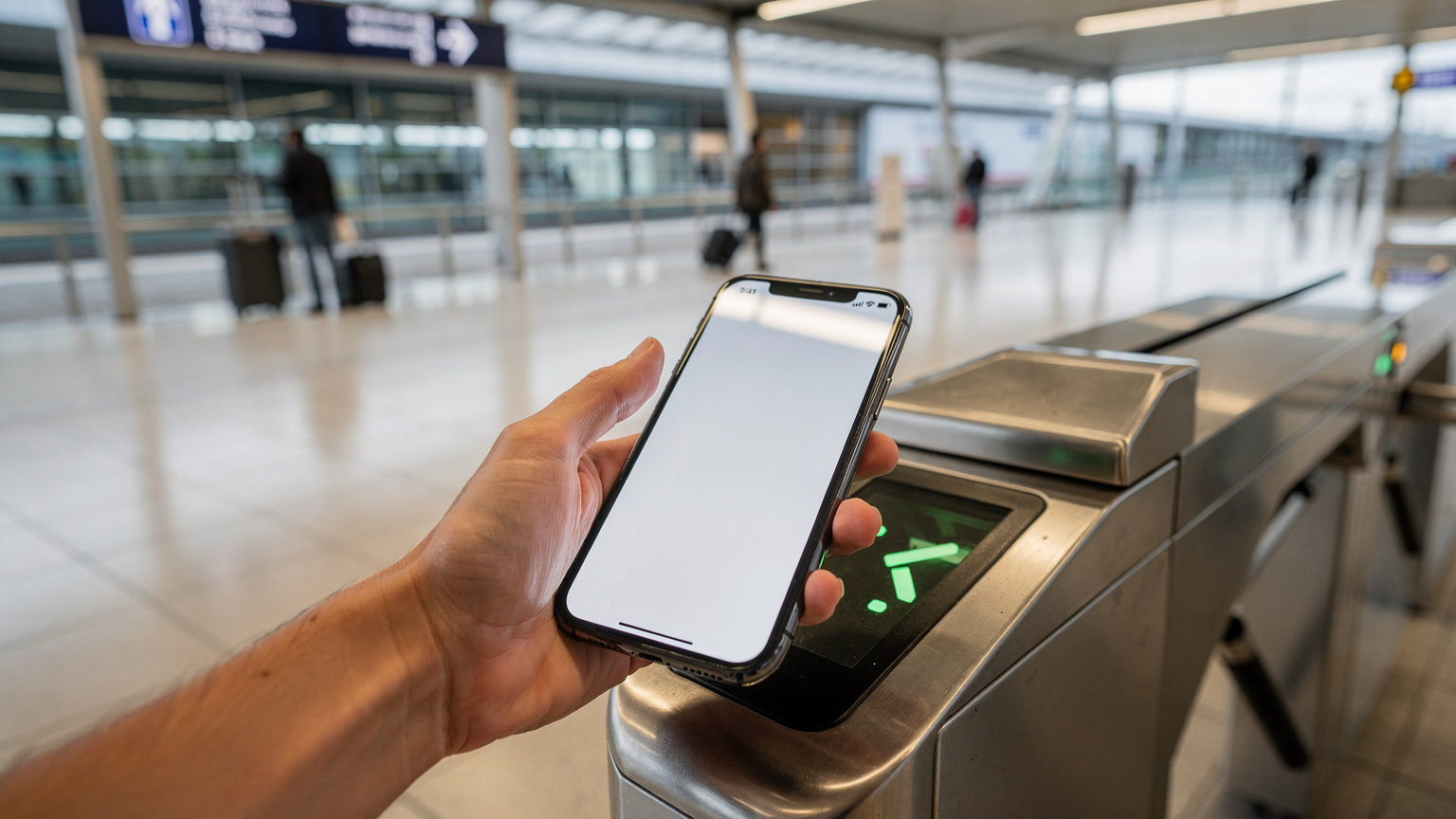 A traveler confidently uses their phone to display a digital train ticket at an automated gate in a modern European train station, ready to board their connection.