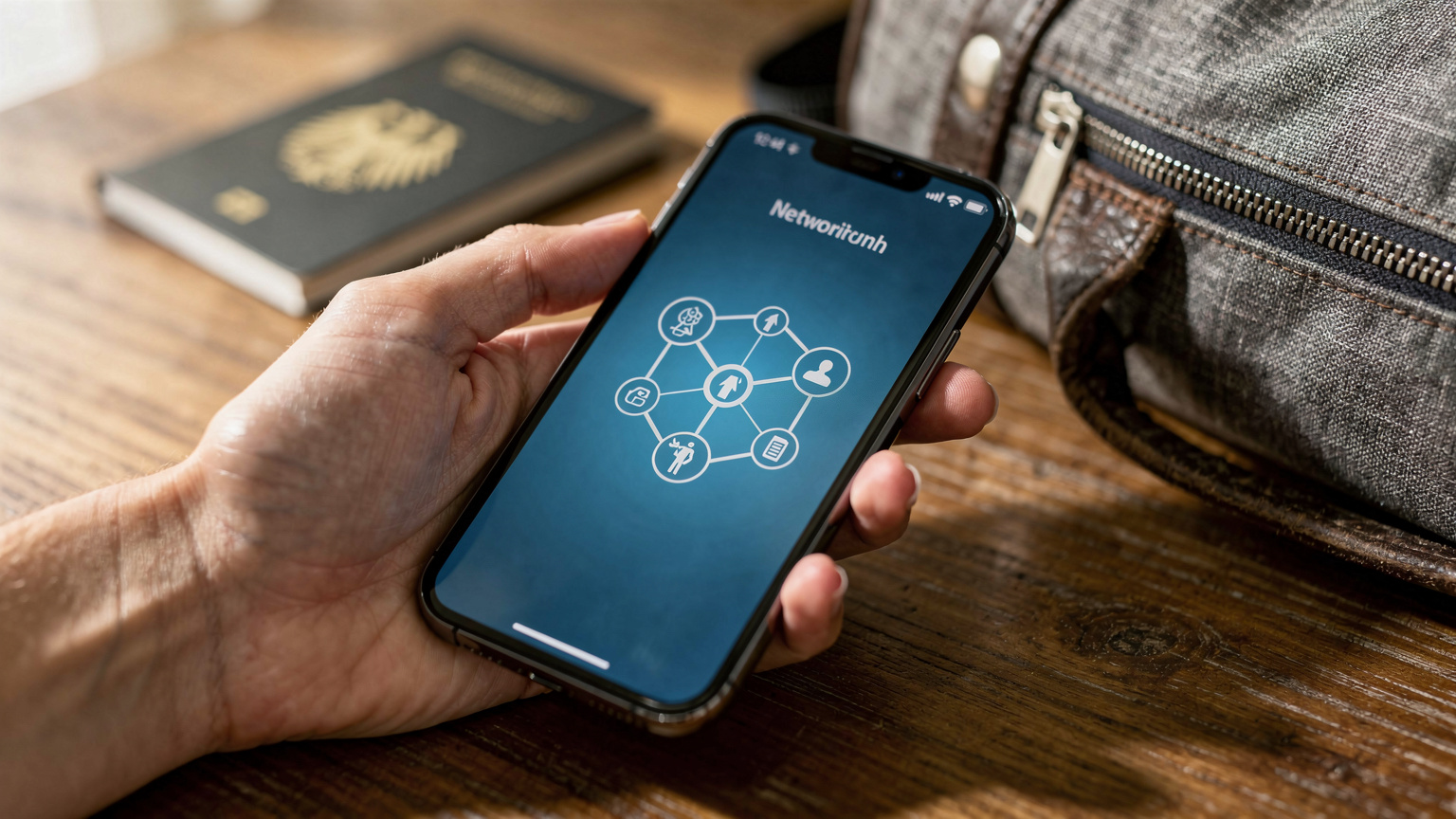 Nahaufnahme einer Hand, die ein Smartphone hält, dessen Bildschirm eine allgemeine Fehlermeldung bei der Netzwerkkonfiguration anzeigt. Im Hintergrund liegen unscharf ein deutscher Reisepass und eine Reisetasche auf einem Holztisch.