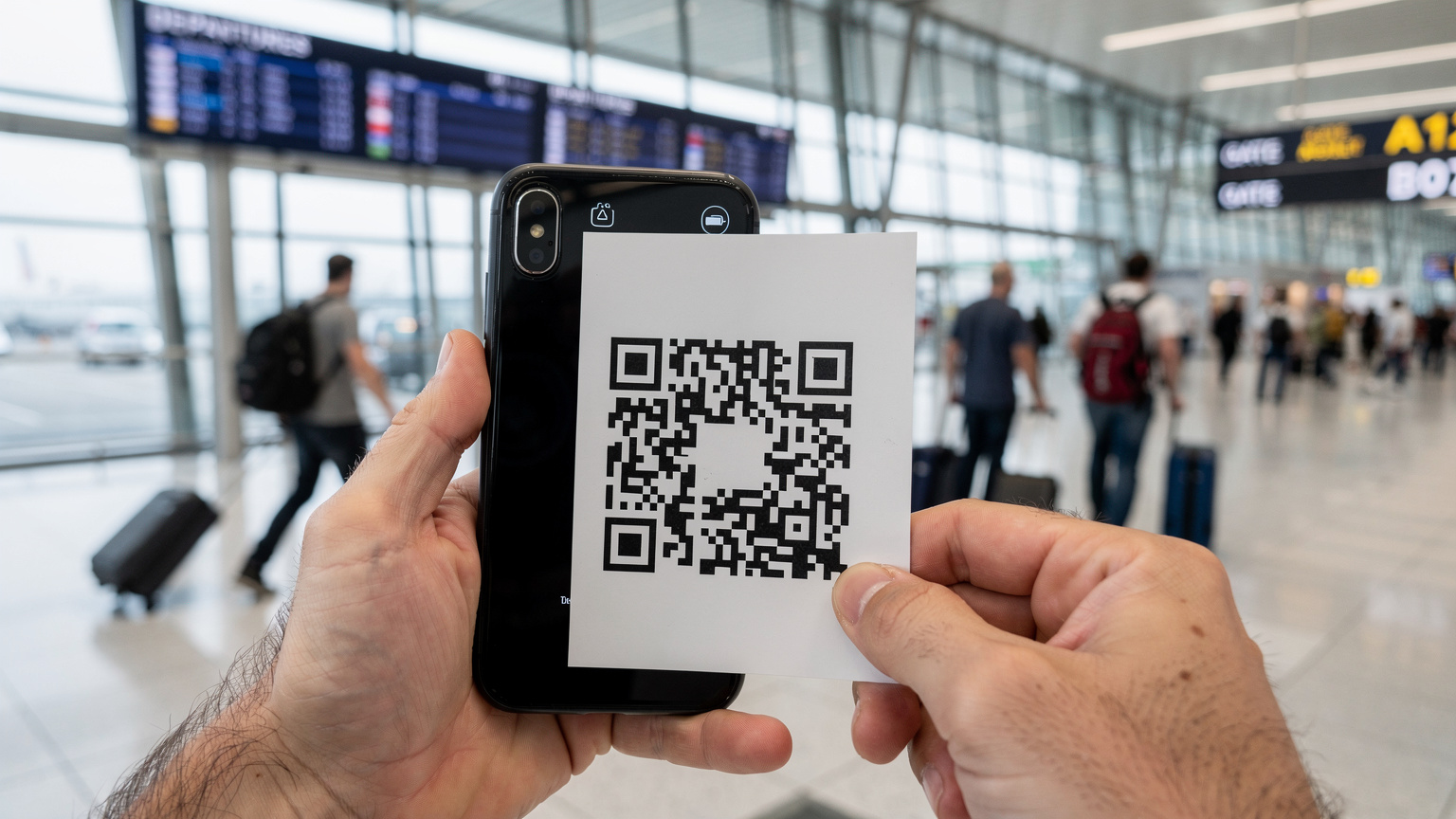 Eine Hand hält ein Smartphone mit geöffneter Kamera-App, die einen QR-Code auf einem ausgedruckten Blatt Papier scannt. Im Hintergrund ist ein geschäftiges Flughafenterminal in Berlin zu sehen.