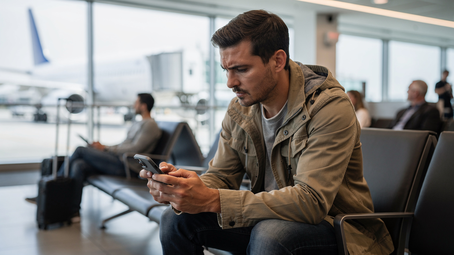 Ein Reisender sitzt im Washington Dulles International Airport, blickt auf sein Smartphone und überprüft seine eSIM-Einstellungen, bevor er seinen Flug zu den WM-Spielen antritt.