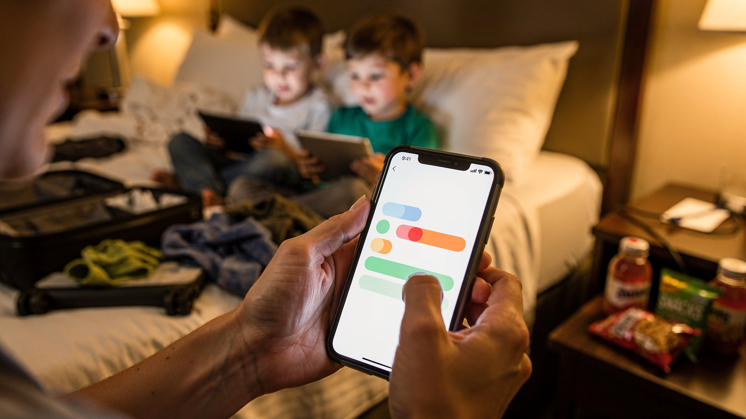 Bir annenin, çocuklarının seyahat sırasında dijital içerik tüketimini kolaylaştırmak için telefonundaki bir eSIM uygulamasını kullanarak veri kullanımını kontrol ettiği an.