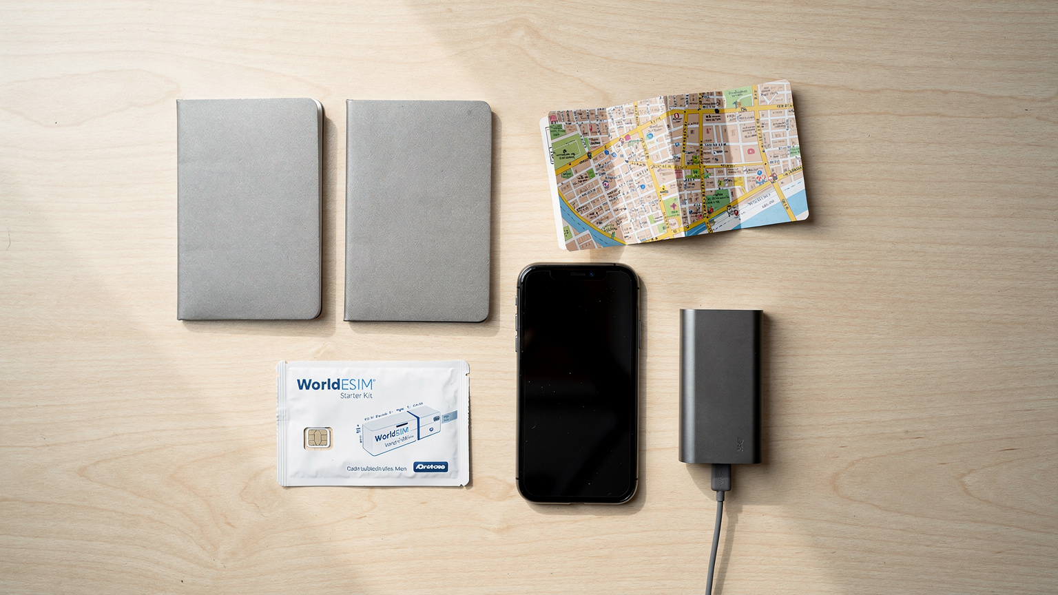 Bir seyahat masasındaki düzenli bir şekilde yerleştirilmiş pasaportlar, bir WorldESIM paketi, bir akıllı telefon ve bir güç bankası, seyahat öncesi hazırlık anını yansıtıyor.