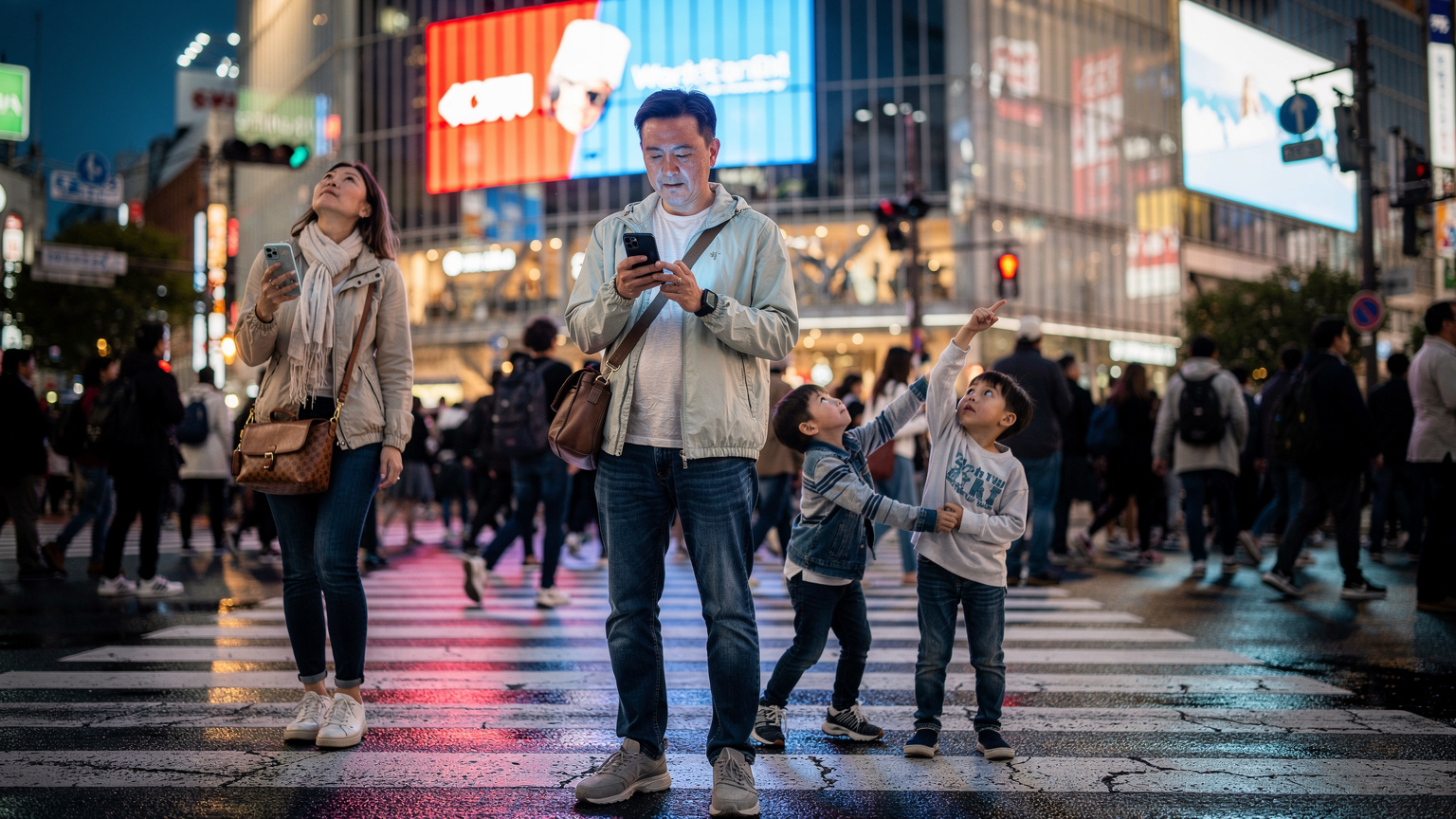 Tokyo Shibuya Geçidi'nde kalabalık bir akşamda, elinde akıllı telefon tutan bir baba, telefonundaki bir eSIM'in veri kullanımını kontrol ediyor, ailesi etrafındaki neon ışıkların ve binaların arasından geçiyor.