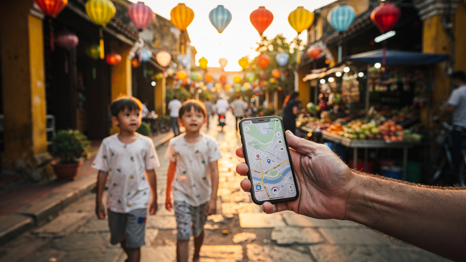 Vietnam'ın Hoi An şehrindeki renkli fenerlerle dolu bir sokakta yürüyen, telefonunda haritalara bakan bir babanın elinde akıllı telefon görünüyor, yanında merakla etrafa bakan çocukları var.