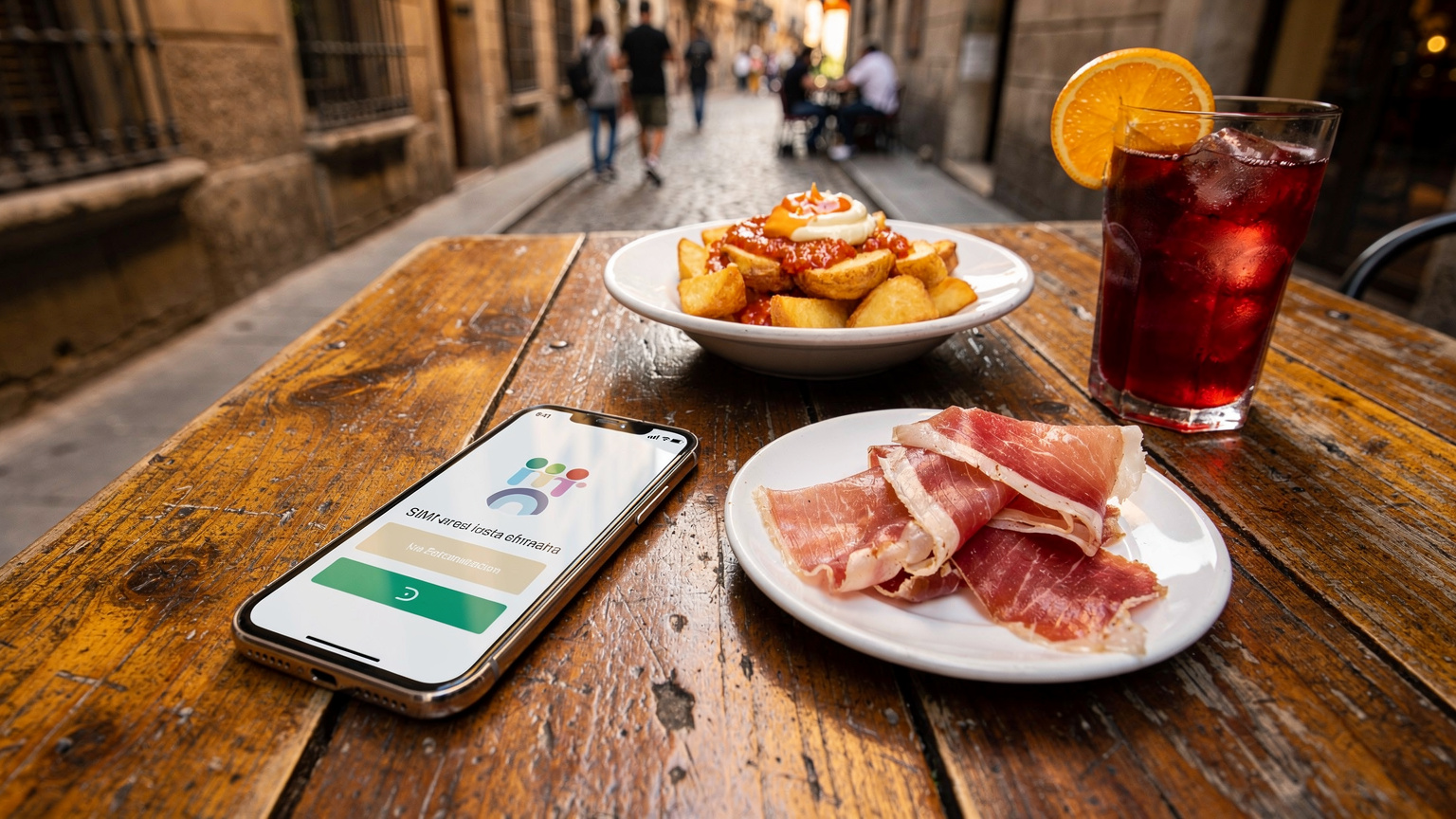 Un téléphone portable posé sur une table de café en plein air à Barcelone, affichant un écran de confirmation d'installation d'eSIM, avec des tapas et une boisson en arrière-plan.