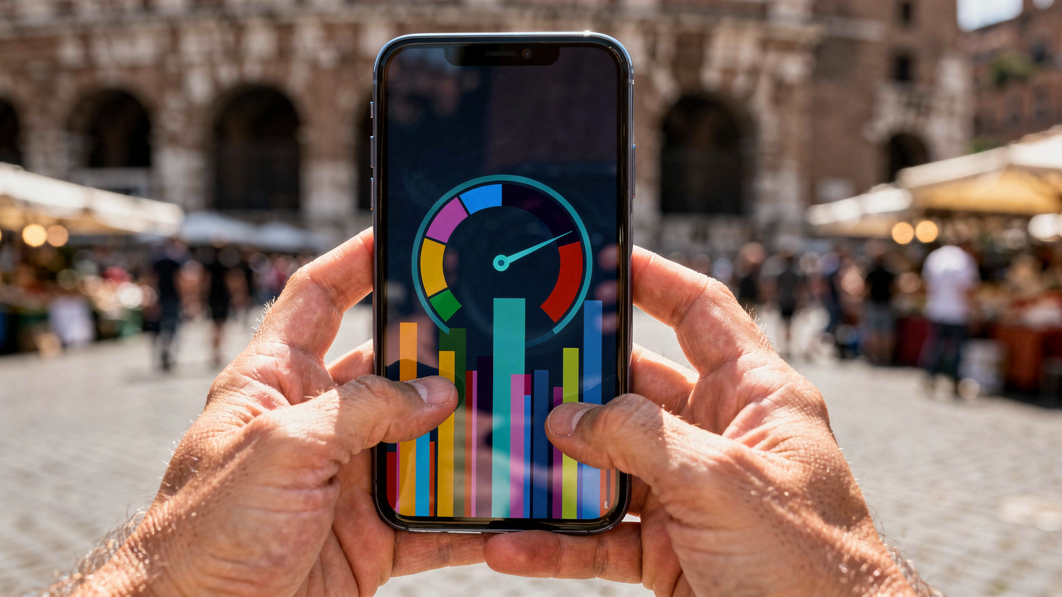 Un gros plan sur des mains tenant un smartphone affichant un test de vitesse de connexion, avec un arrière-plan flou d'une place de marché animée à Rome.