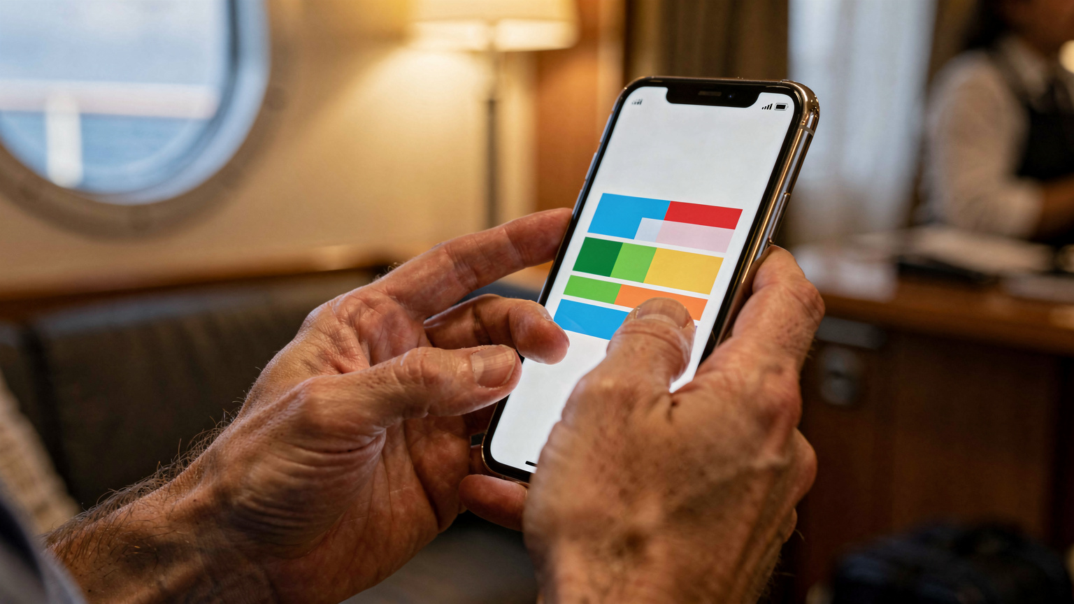 Un gros plan sur les mains d'une personne naviguant sur une application de suivi de consommation de données sur son smartphone, avec un arrière-plan flou d'une cabine de croisière ou d'un salon de pont.