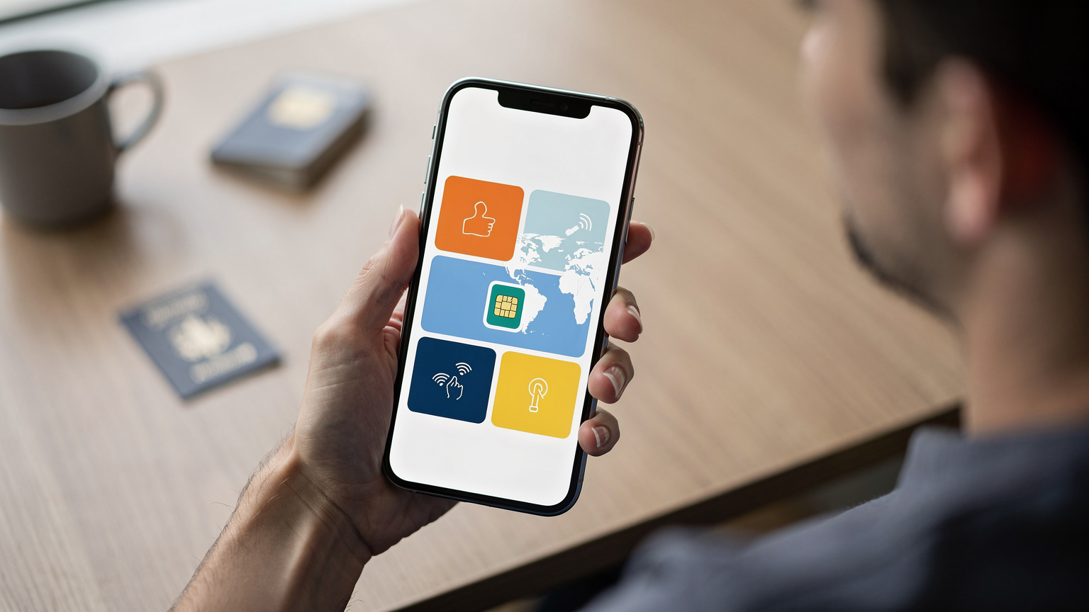 Une main tient un smartphone affichant un écran de sélection de plan eSIM, avec une carte du monde stylisée en arrière-plan et des icônes de connectivité, soulignant la portée mondiale.